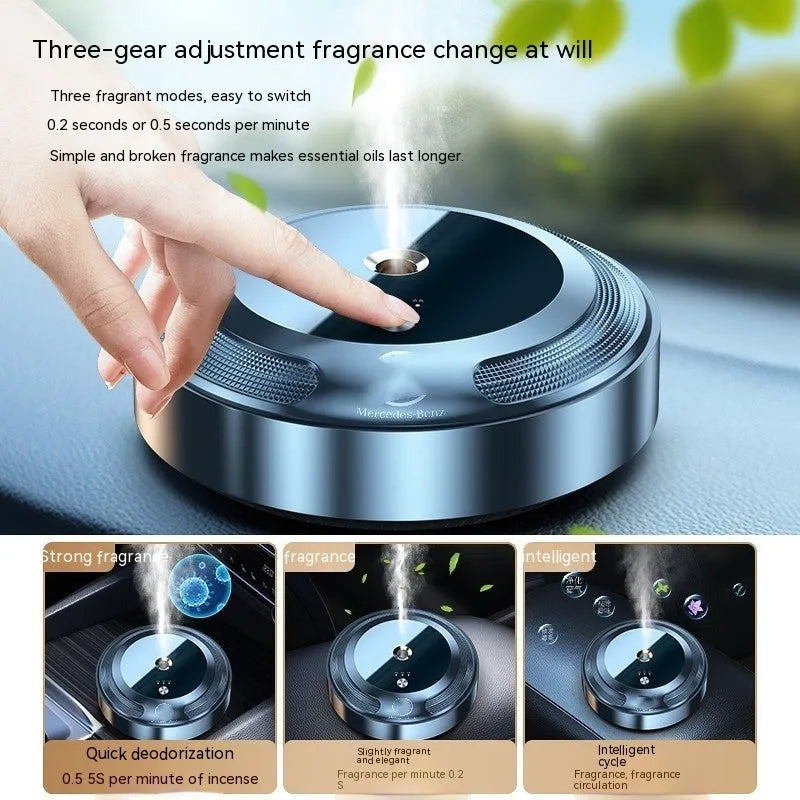 Automatic car air freshener diffuser with metal construction and compact 89mm by 35mm dimensions