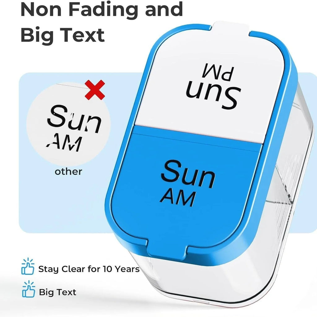 Extra large white and rainbow coloured plastic pill organiser with 14 removable compartments.