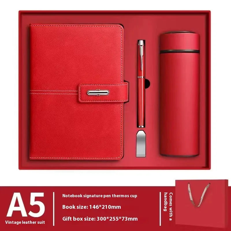 A5 notebook with PU leather cover in one of six colour options, showing wood-free paper inside.