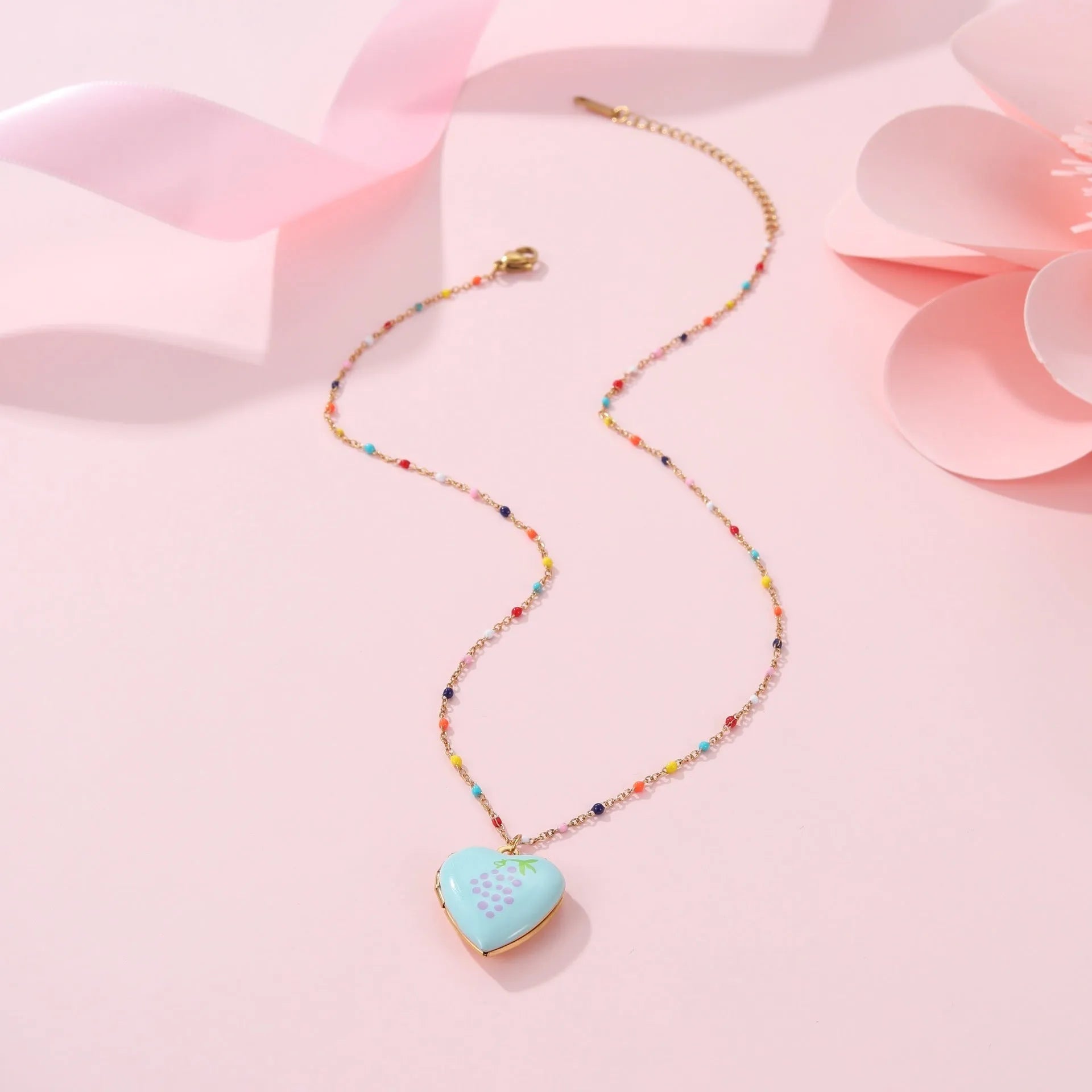 Stainless steel fruit pendant necklace with 18K gold plating and adjustable 41-50cm chain
