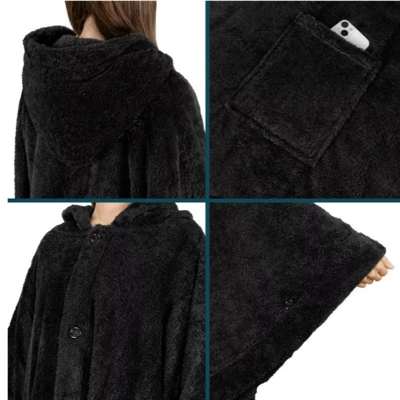 Thick cloak-style hooded bathrobe in black, dark grey, or pink, with long sleeves