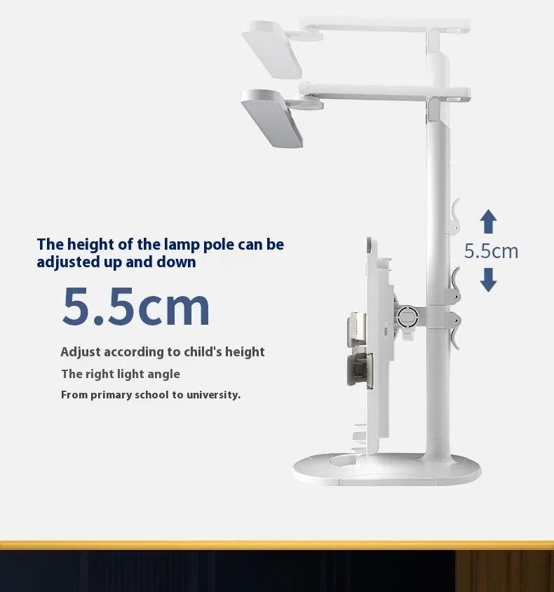 Multifunctional adjustable table lamp on a bookshelf showing three colour temperature settings and dual charging plug