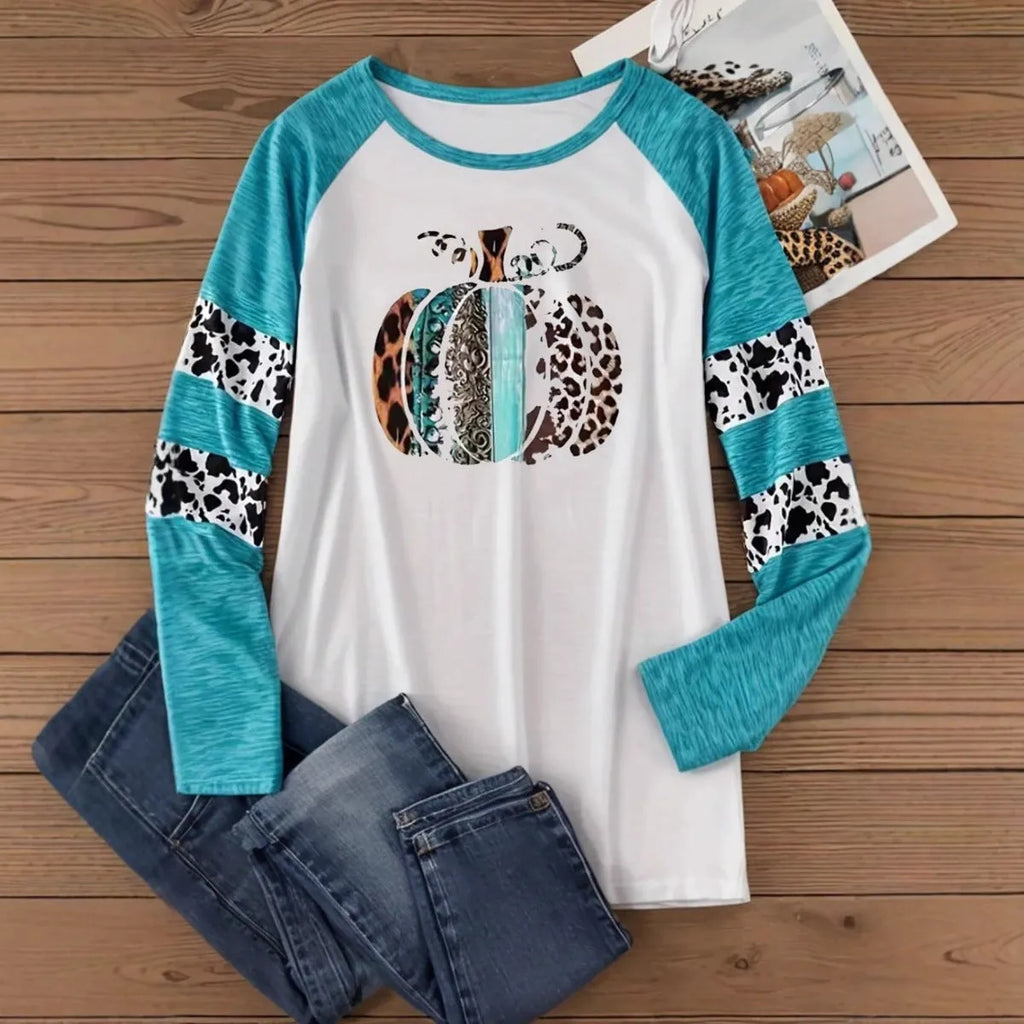 Sky blue Halloween pumpkin 3D printed T-shirt with Japanese Korean casual style