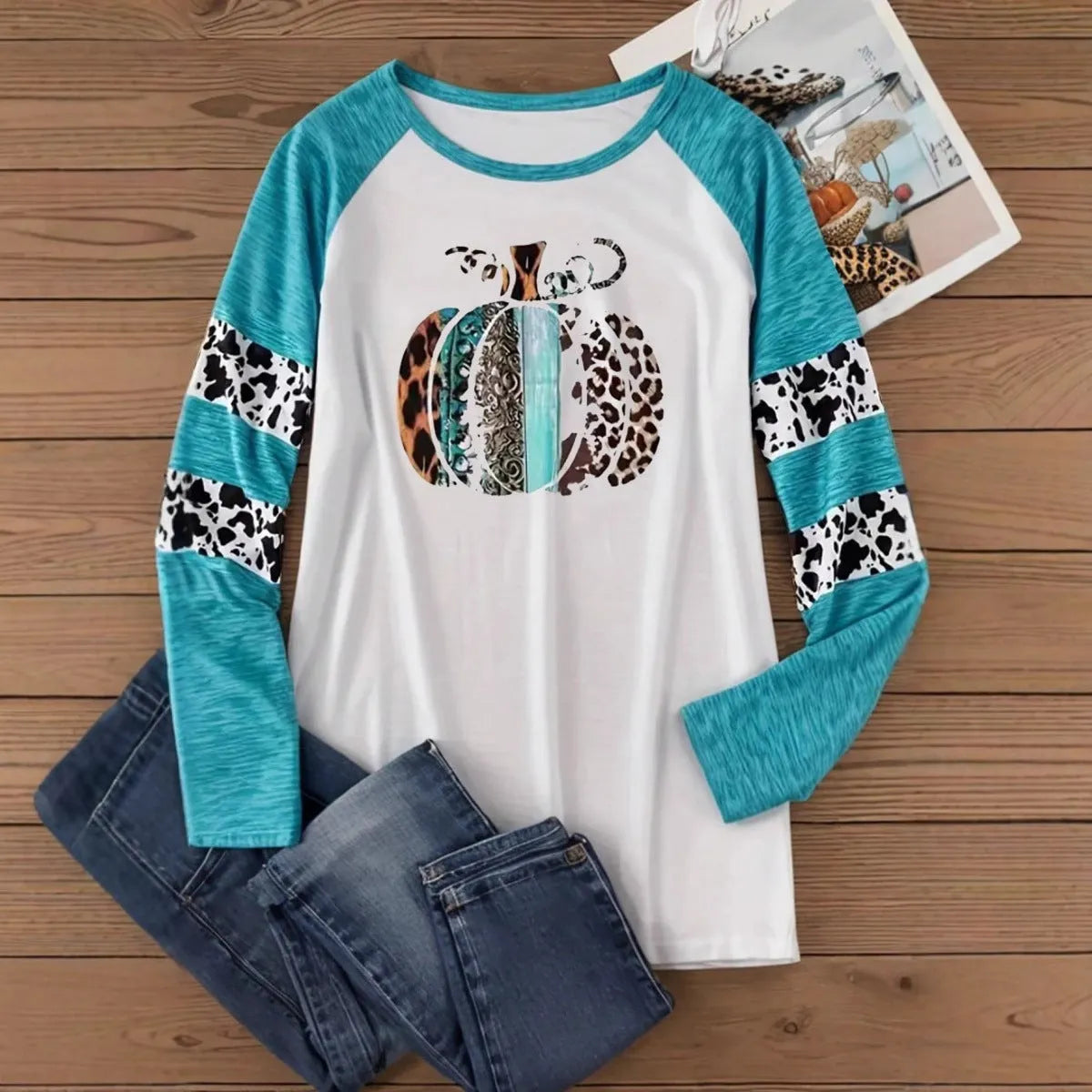 Sky blue Halloween pumpkin 3D printed T-shirt with Japanese Korean casual style