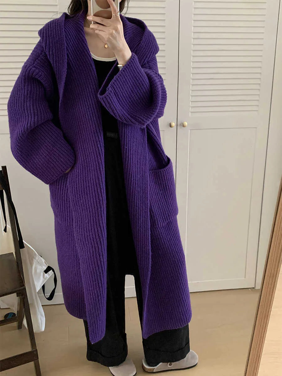 Women's loose-fitting hooded cardigan coat in acrylic fibre, shown in a neutral colour.