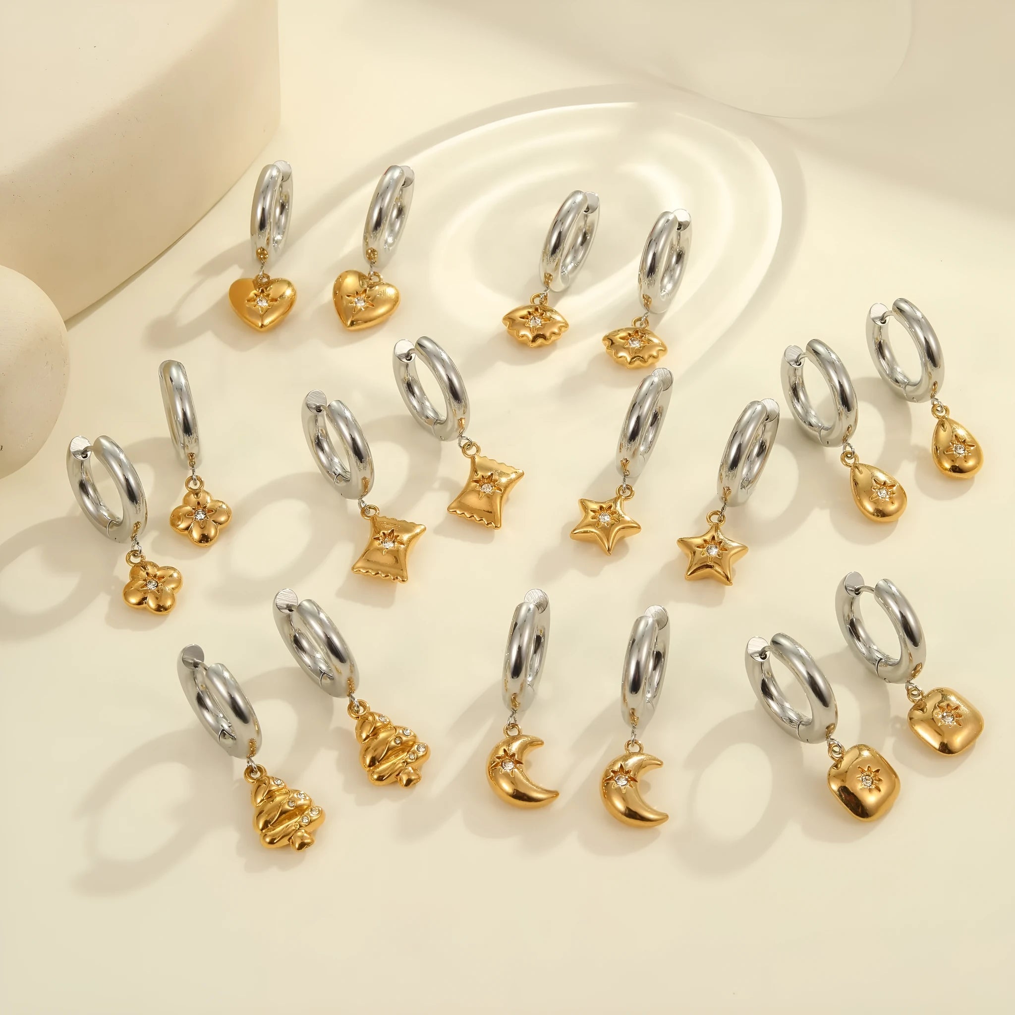 Stainless steel Christmas tree heart earrings with electroplated 18K gold finish and star geometric designs