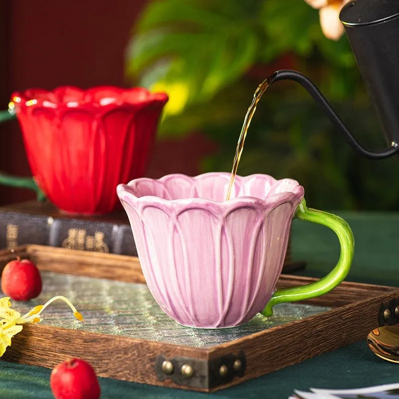 500ml pastoral floral ceramic breakfast cup in red, purple or mixed set