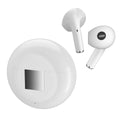 White Budz5 wireless Bluetooth earbuds and charging case with semi-in-ear design.