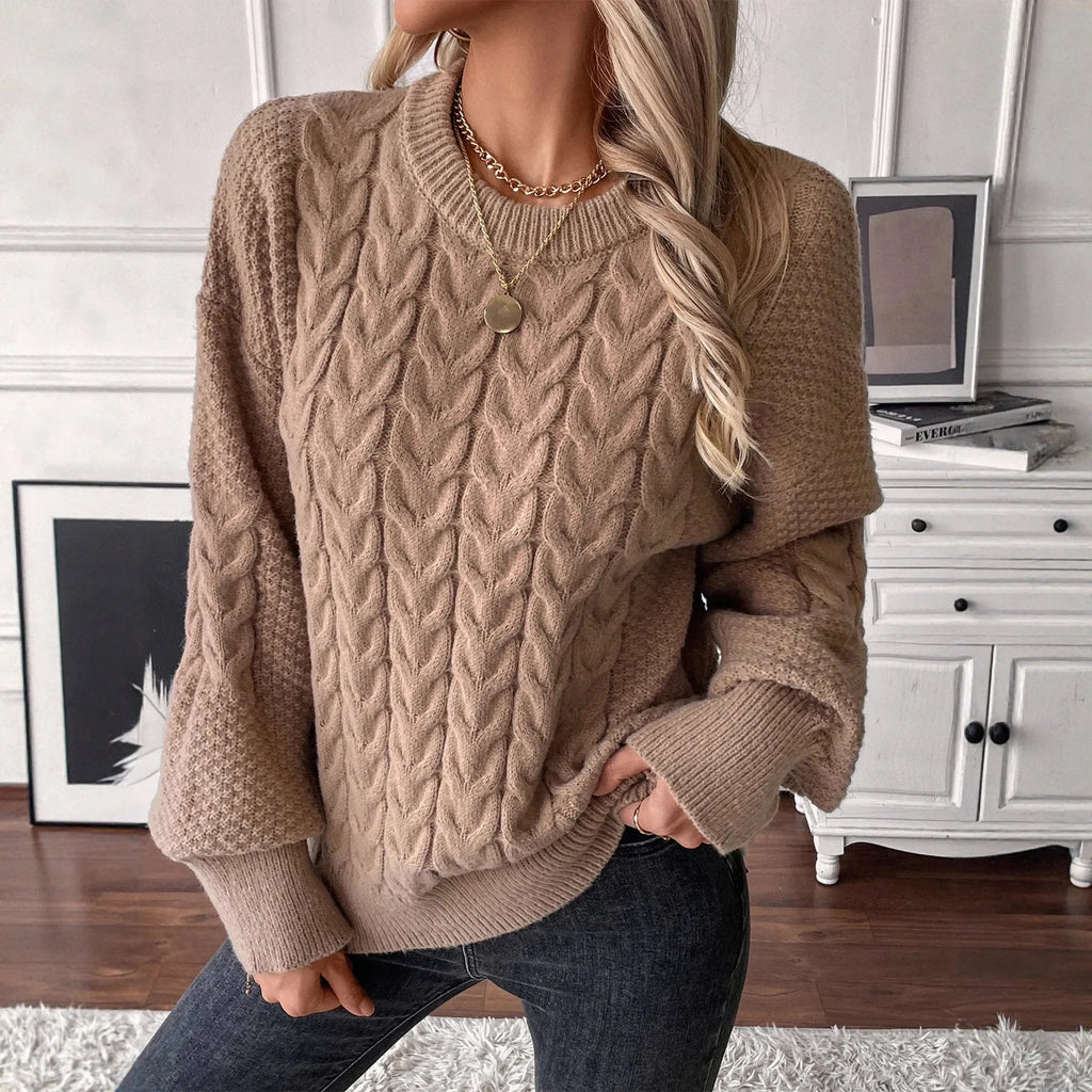 Women's twist design casual sweater in beige colour showing loose fit and round neckline