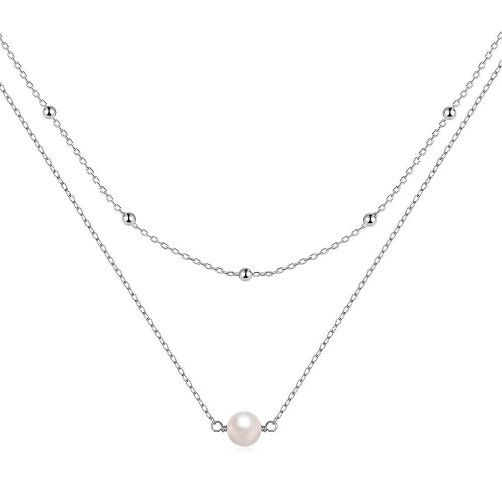 S925 sterling silver double layer pearl necklace with twin pearls and geometric design