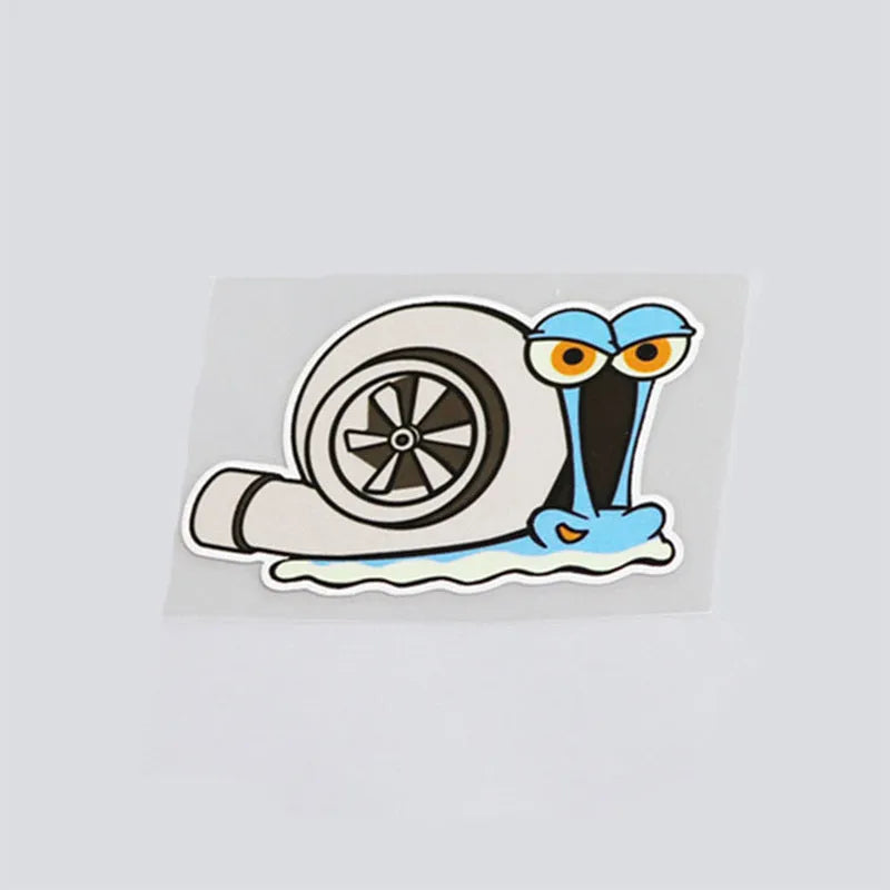 White reflective cartoon snail car sticker measuring 12 by 8 centimetres