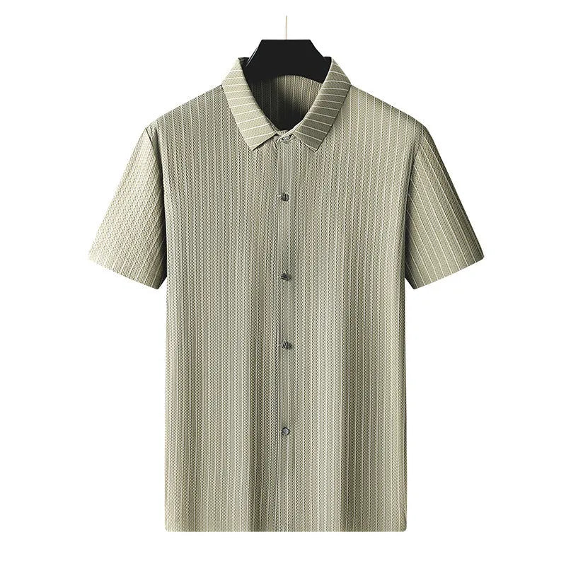 Men's plus size striped casual shirt with square collar in black or khaki