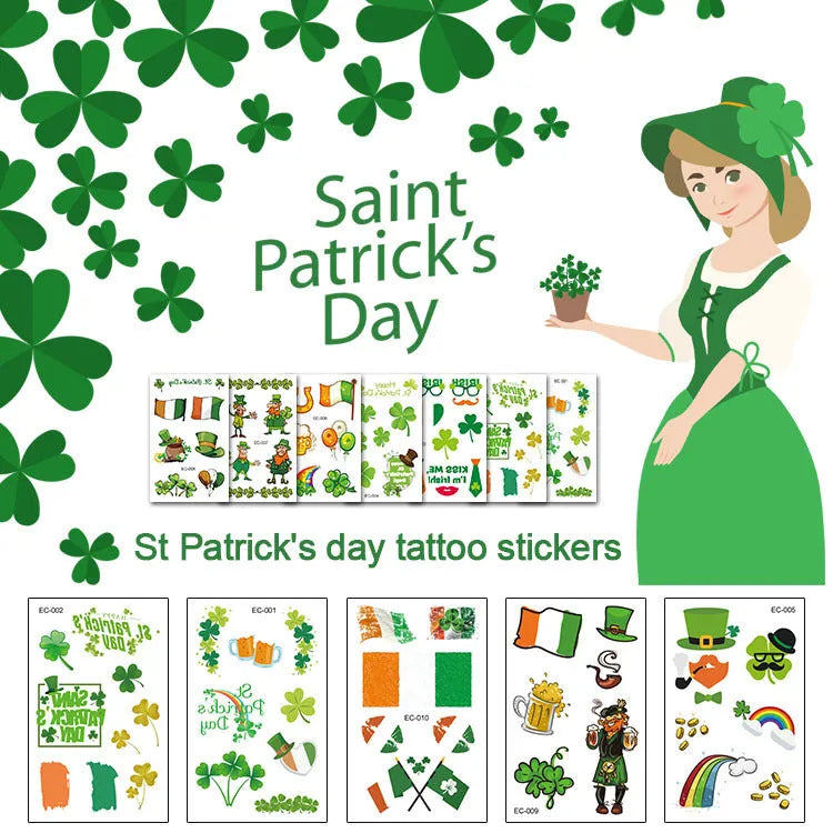 Irish festival temporary tattoo sticker with St. Patrick's Day clover design measuring 120 by 75mm