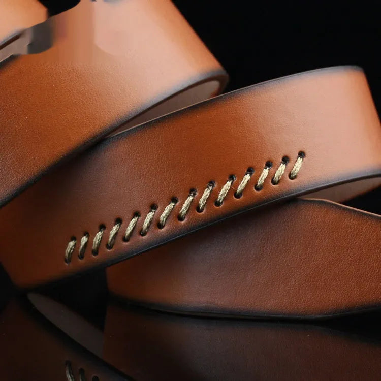 Men's retro-style imitation leather belt with pattern and alloy pin buckle, shown in black.