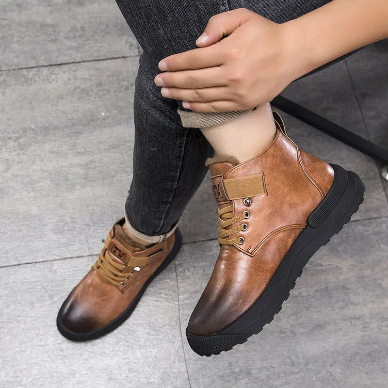 Men's black and brown Martin platform boots with high-top design and artificial PU upper