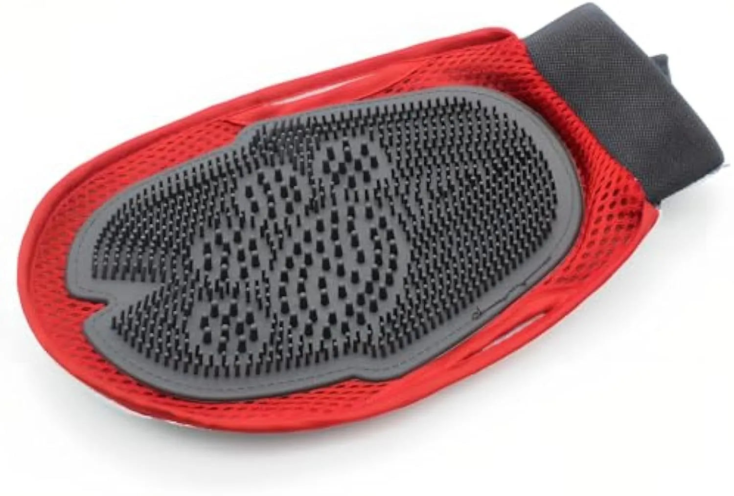 Red pet bathing and grooming glove with integrated brush, shown on a hand.