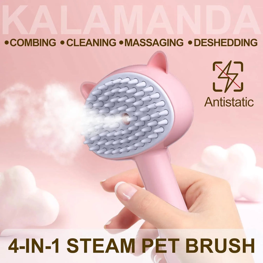 Blue cat steam brush with ergonomic handle and release button for pet grooming