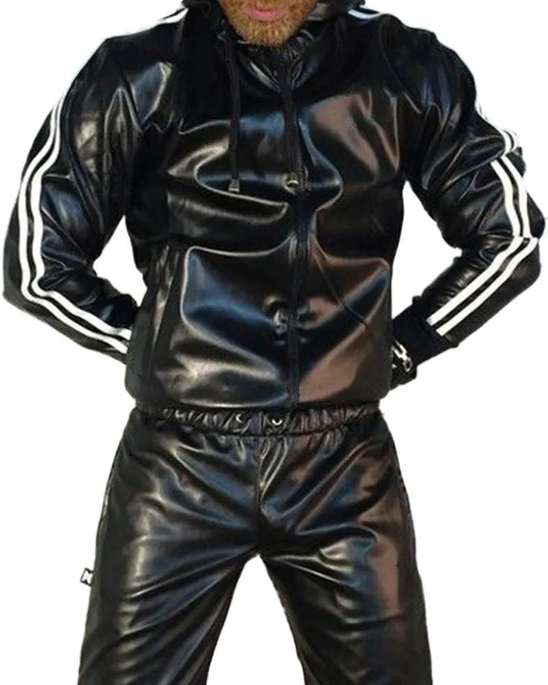 Men's black hooded PU leather sports set with jacket and trousers, long sleeves, autumn wear