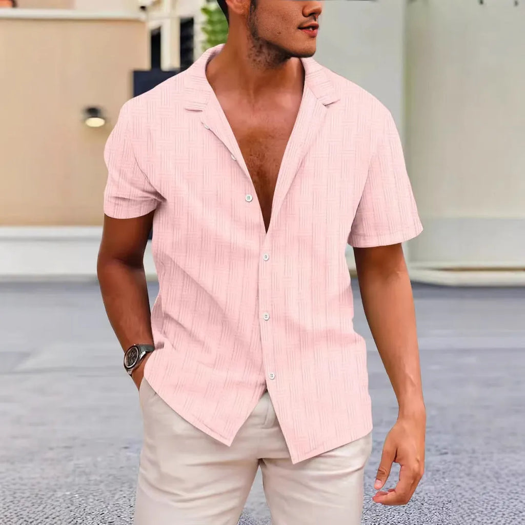 Men's short sleeve cardigan shirt in polyester corduroy, shown in apricot colour with button front.