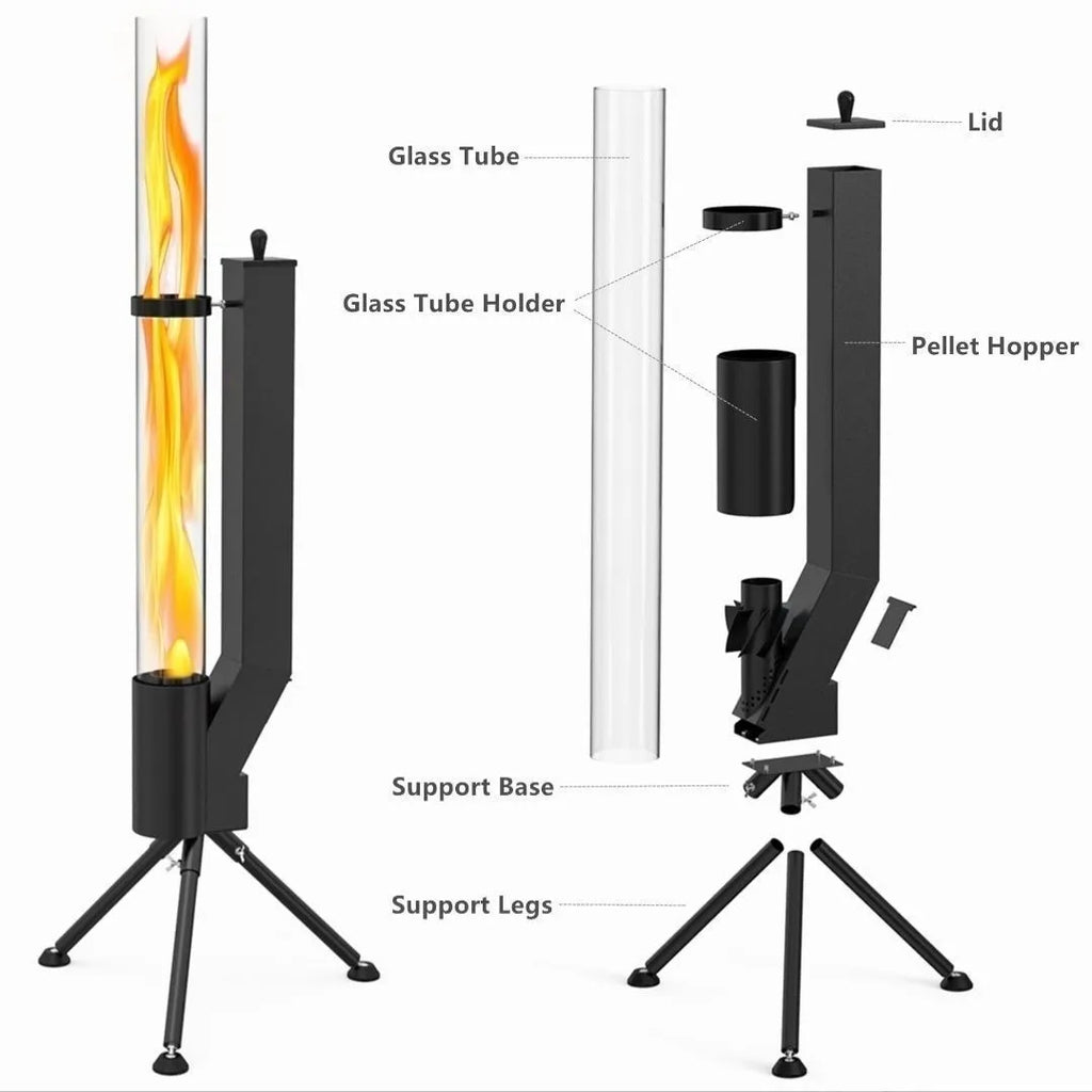 Vertical iron wood burning rocket furnace heating stove for outdoor courtyard and garden use