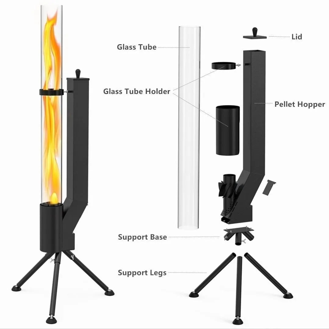 Vertical iron wood burning rocket furnace heating stove for outdoor courtyard and garden use