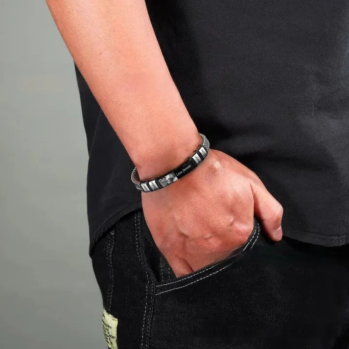 Men's stainless steel and leather bracelet with lettering beads and rope elements