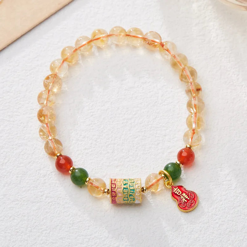 Hand-woven citrine five sutra bracelet with 6mm crystal stones in geometric Buddhist design