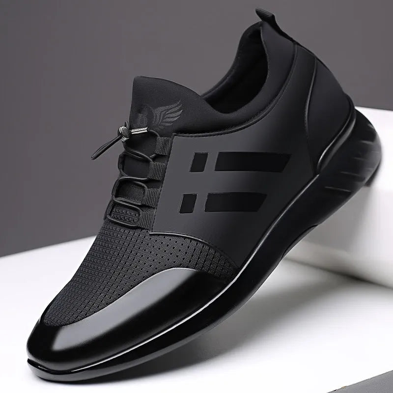 Men's black casual shoes with chunky heel for invisible height increase, shown in leather, Lycra and mesh options.