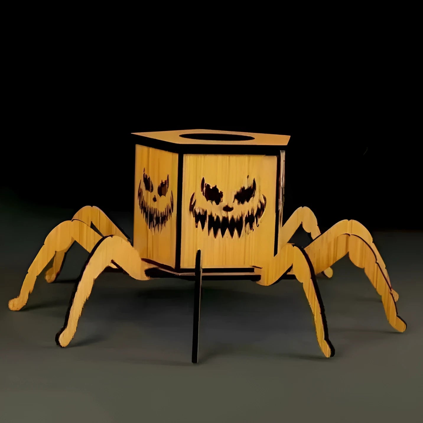 Wooden spider-themed lantern candlestick decoration measuring 21cm tall