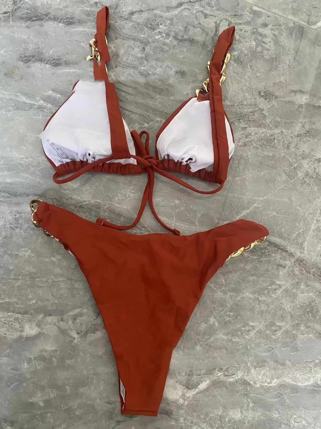 Brown women's push-up bikini swimsuit with tube-top ring tether design