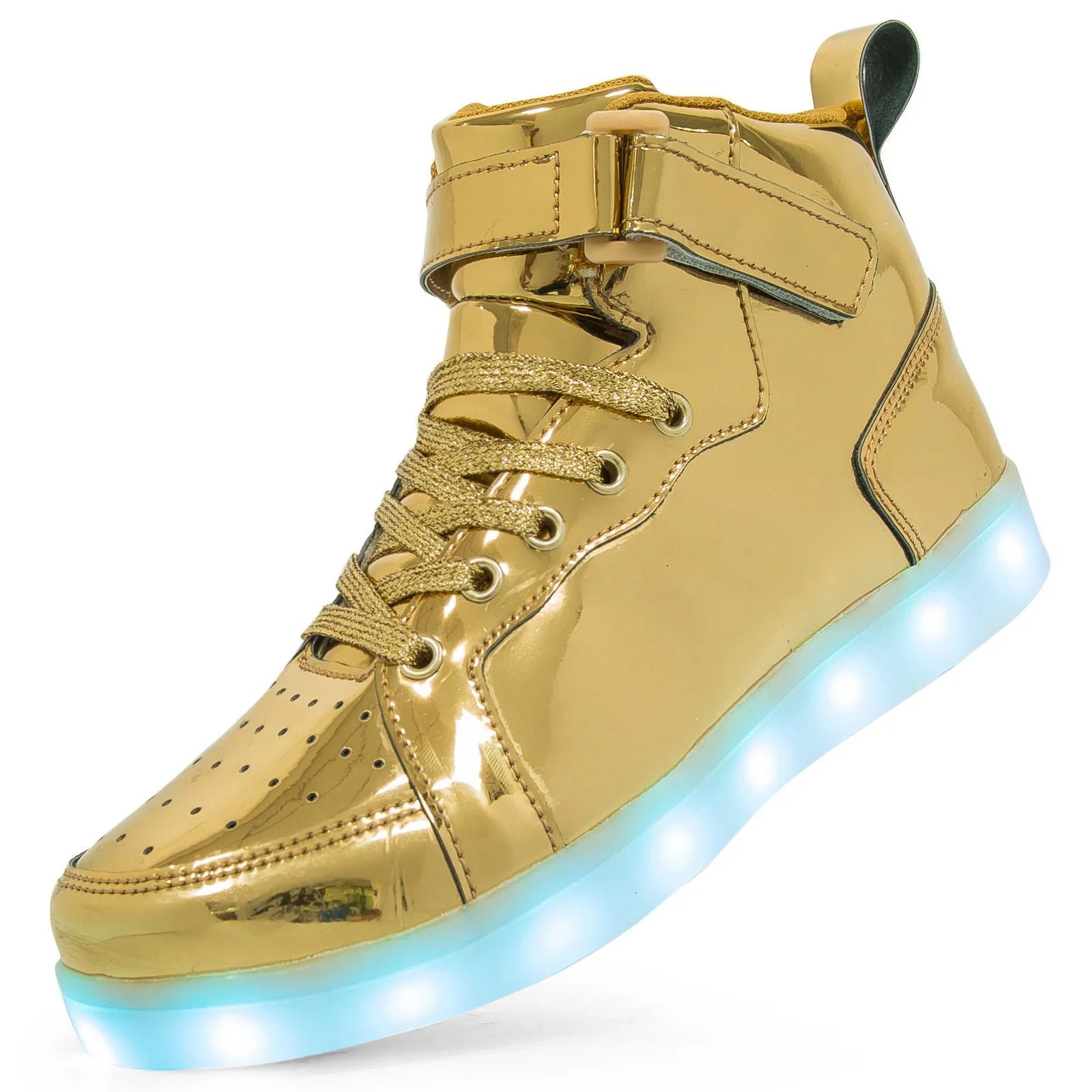 Pair of black high-top shoes with velcro strap and glowing LED lights on the soles.