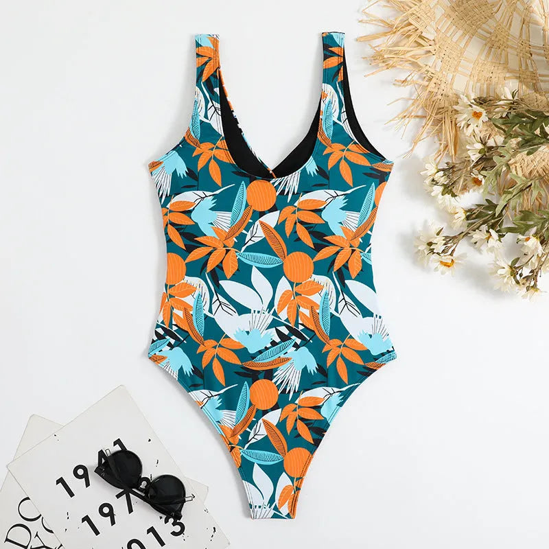 Women's high-waist one-piece swimsuit in printed pattern design with polyester and nylon construction