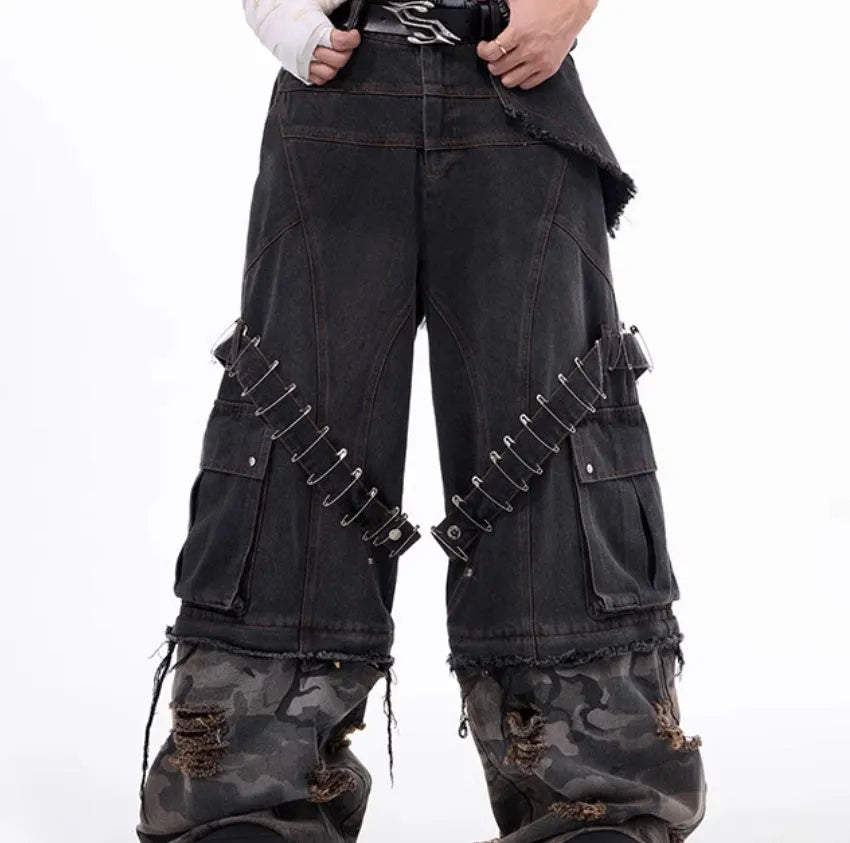 Men's grey camouflage splicing jeans with pin ribbon detailing on cotton denim fabric