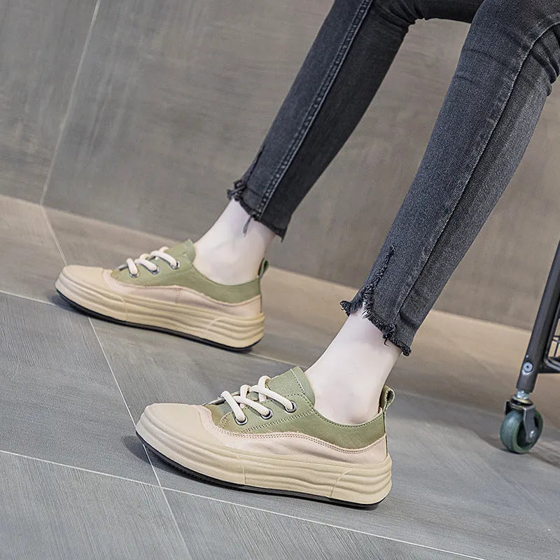 Women's solid colour leather platform sneakers in matcha, purple, or orange with front lace-up.