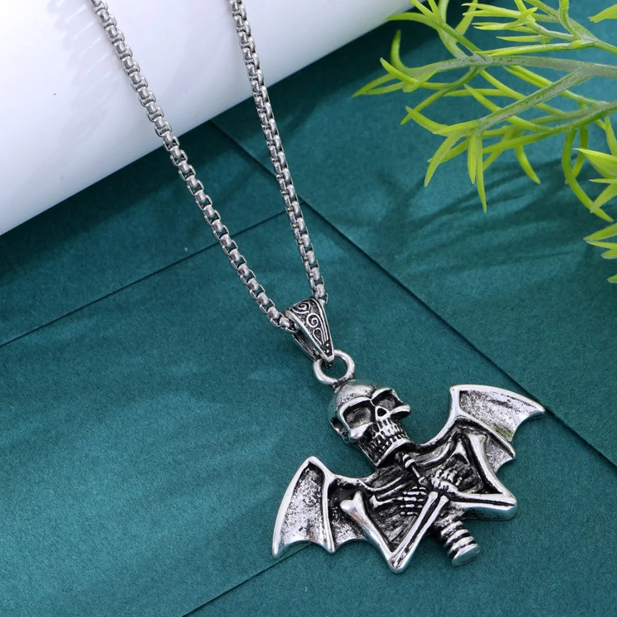 Men's metal alloy collarbone chain with angel skull pendant in gothic punk style