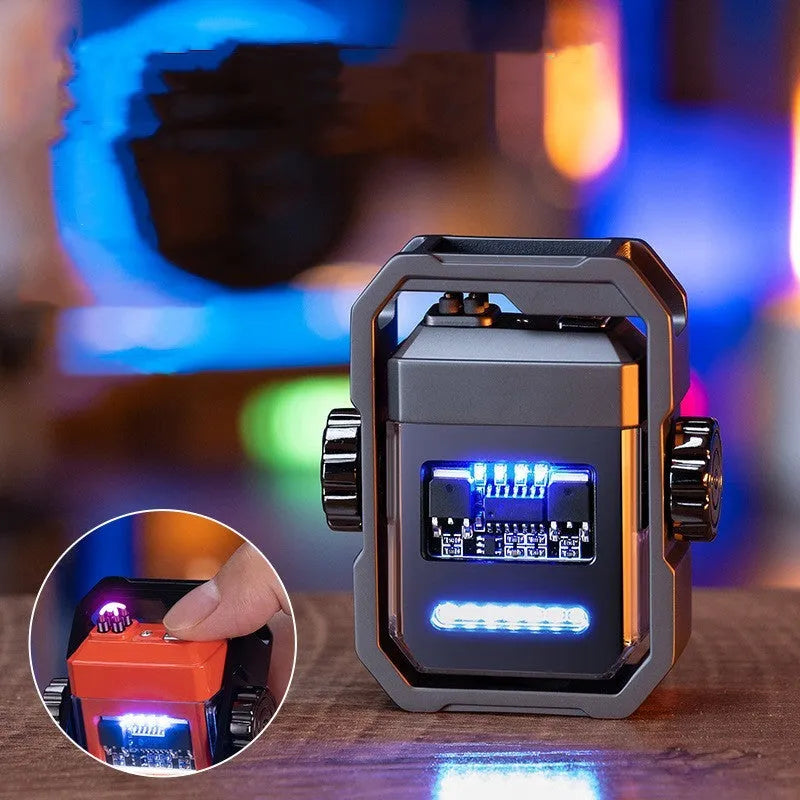 Blue arc lighter with dual plasma flame and mechanical gyroscope, showing folded and extended positions