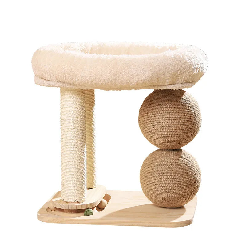 Pine wood cat scratching ball bed showing rounded design with textured scratching surface