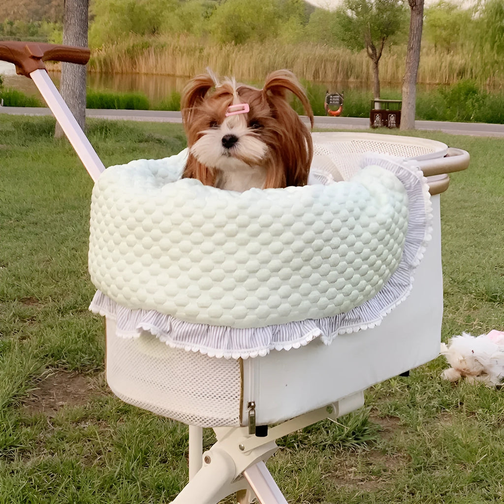 Pet stroller accessory set showing cushion, pillow and anti-dirty towel in assorted colour patterns