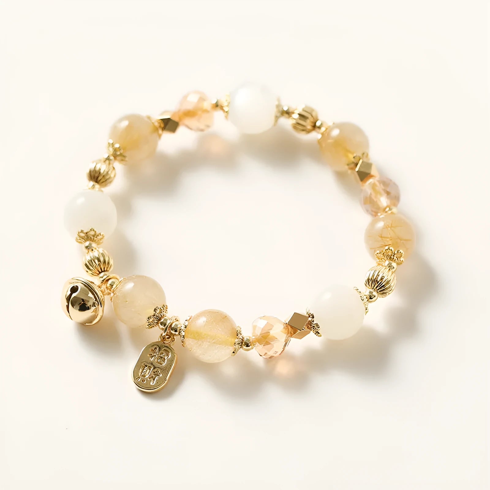Gold rutilated quartz crystal bracelet with Korean style design and electroplated finish in Lucky Fortune colour