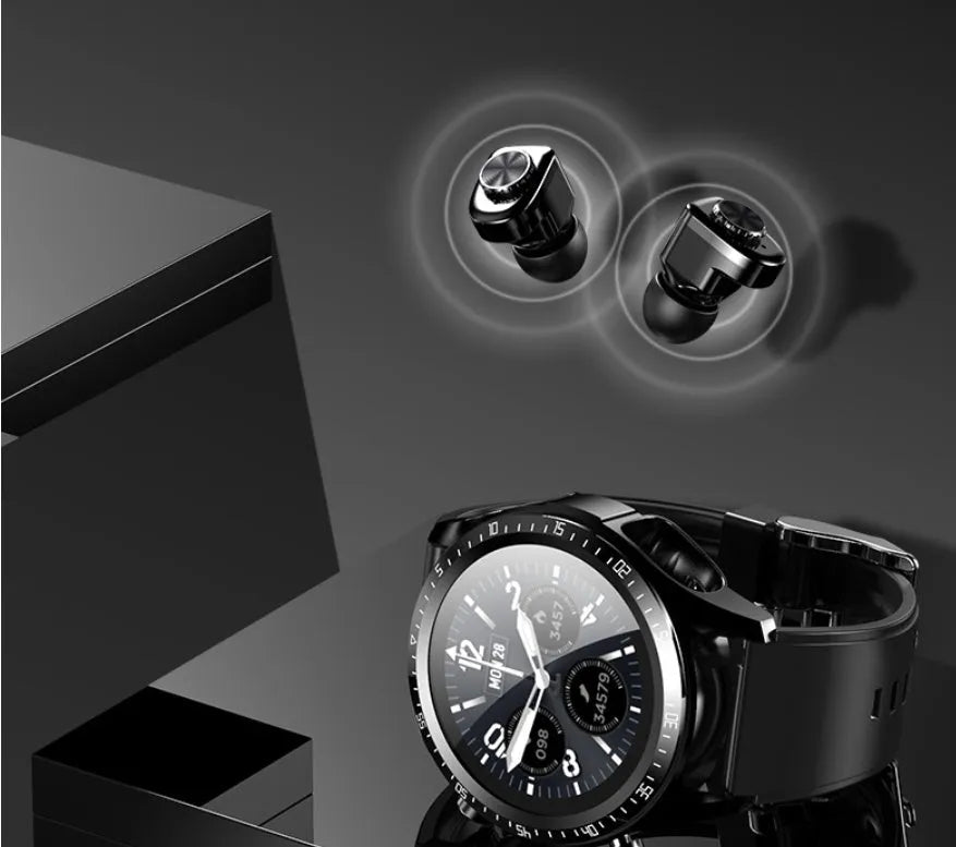 Black smart watch with silicone strap showing blood pressure and oxygen monitoring on its 1.28 inch screen