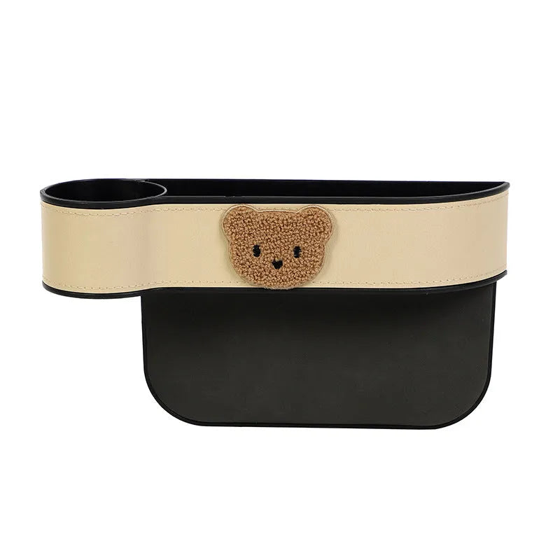 Leather car seat gap storage box with cartoon bear design for organising vehicle interior accessories