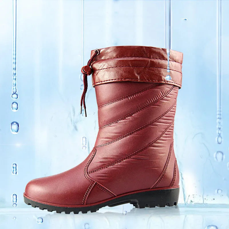 Women's black PVC rain boots with mid-calf tube height and plush lining