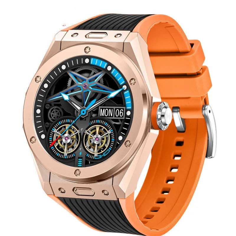 MV58 black smart watch with silicone strap showing health stats on its screen.