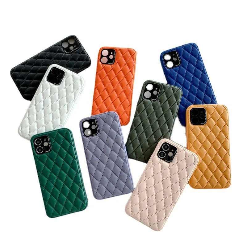 Solid colour diamond plaid imitation leather phone case for iPhone with textured lambskin finish