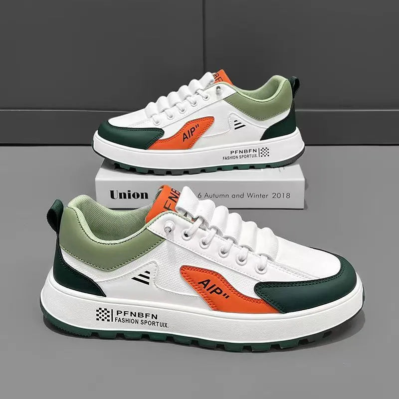Men's white and orange casual sports shoes with round toe and artificial PU upper