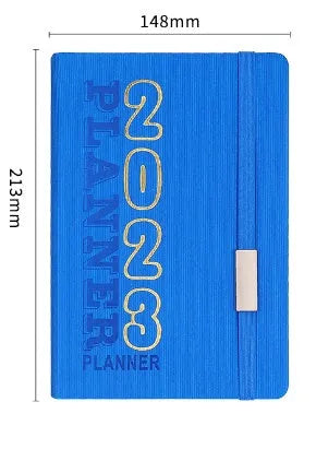 Creative student almanac diary with imitation leather cover open on a schedule page.