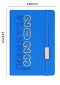 Creative student almanac diary with imitation leather cover open on a schedule page.