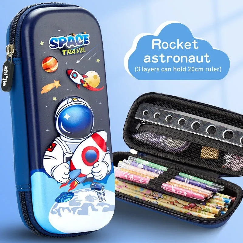 3D leather pencil case with decorative design options including astronauts, dinosaurs and mermaids