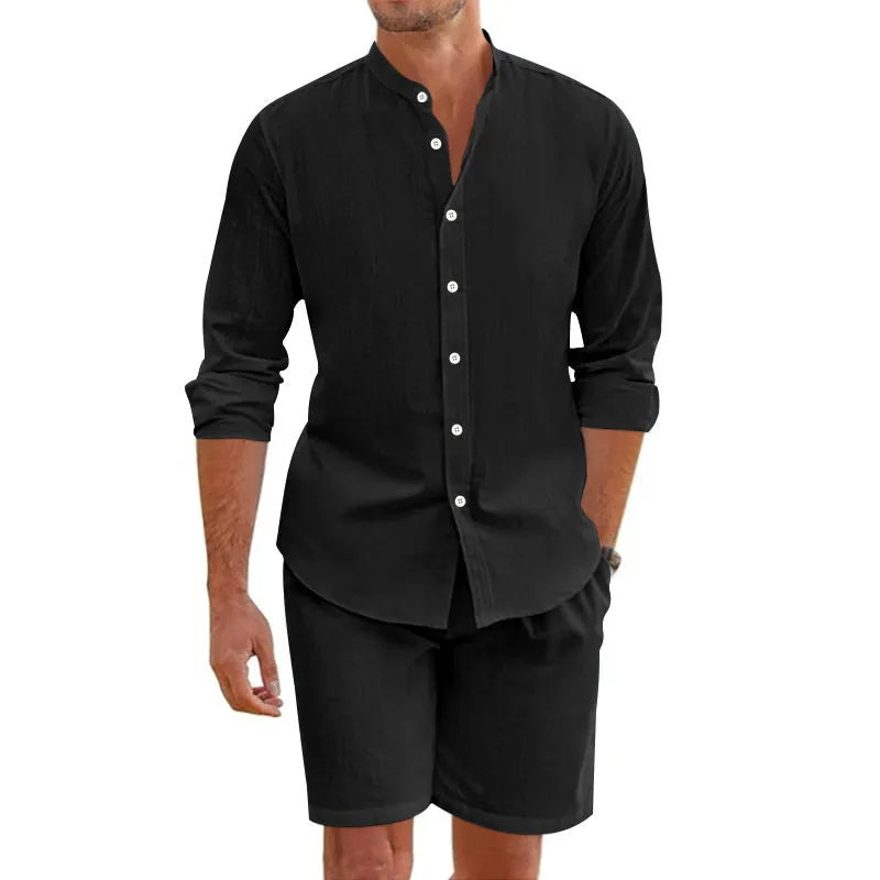 Men's linen blend summer shirt suit set with button-down top and drawstring shorts in multiple colour options