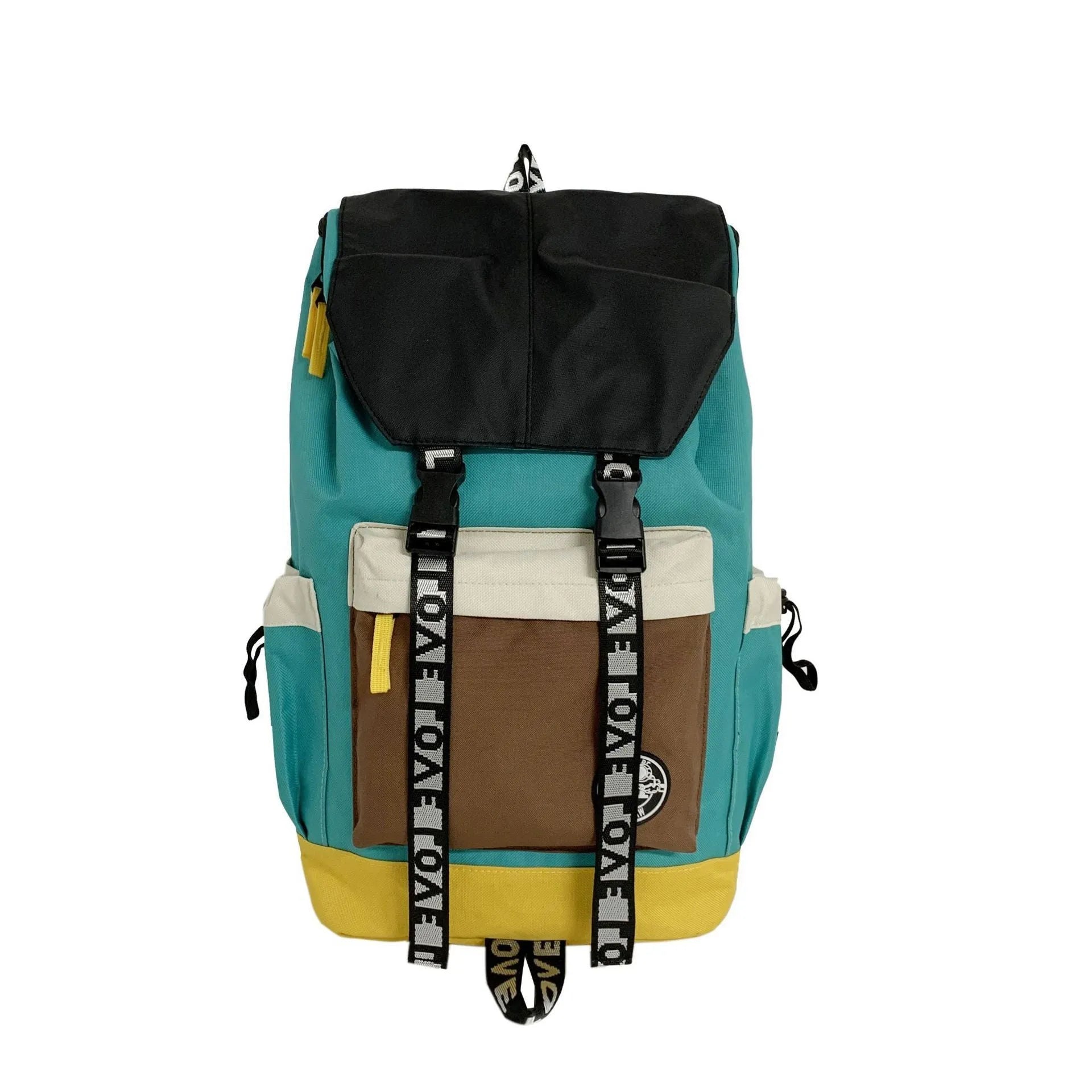 Oxford cloth student backpack shown in black, green, or red with multiple carry straps.